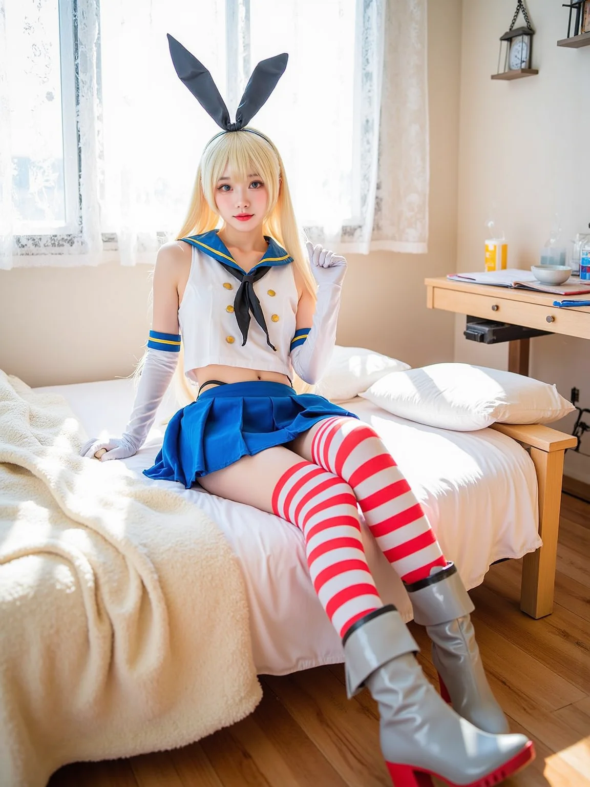 A realistic photo of a beautiful woman in cyb-shimakaze cosplay costume, include blue skirt and white shirt with blue collar and black neckrief. She is also wearing elbow gloves and white and red striped thighhighs and grey and red high heeled boots. She has long blonde hair with rabbit ears hairband. The background is a vivid description of a warm, cozy afternoon in a girl's room. The sunlight streams through the lace curtains, casting soft, dappled patterns on the floor. The room is filled with the gentle scent of lavender from a small, flickering candle. A plush, cream-colored throw blanket is draped over the edge of the bed, inviting relaxation. The desk is cluttered with colorful stationery, a half-finished sketchbook, and a steaming cup of tea. Soft, melodic music plays in the background, adding to the serene atmosphere. she is wariza on the bed. The photo is a full body shot with her entire body visible and with detail background.