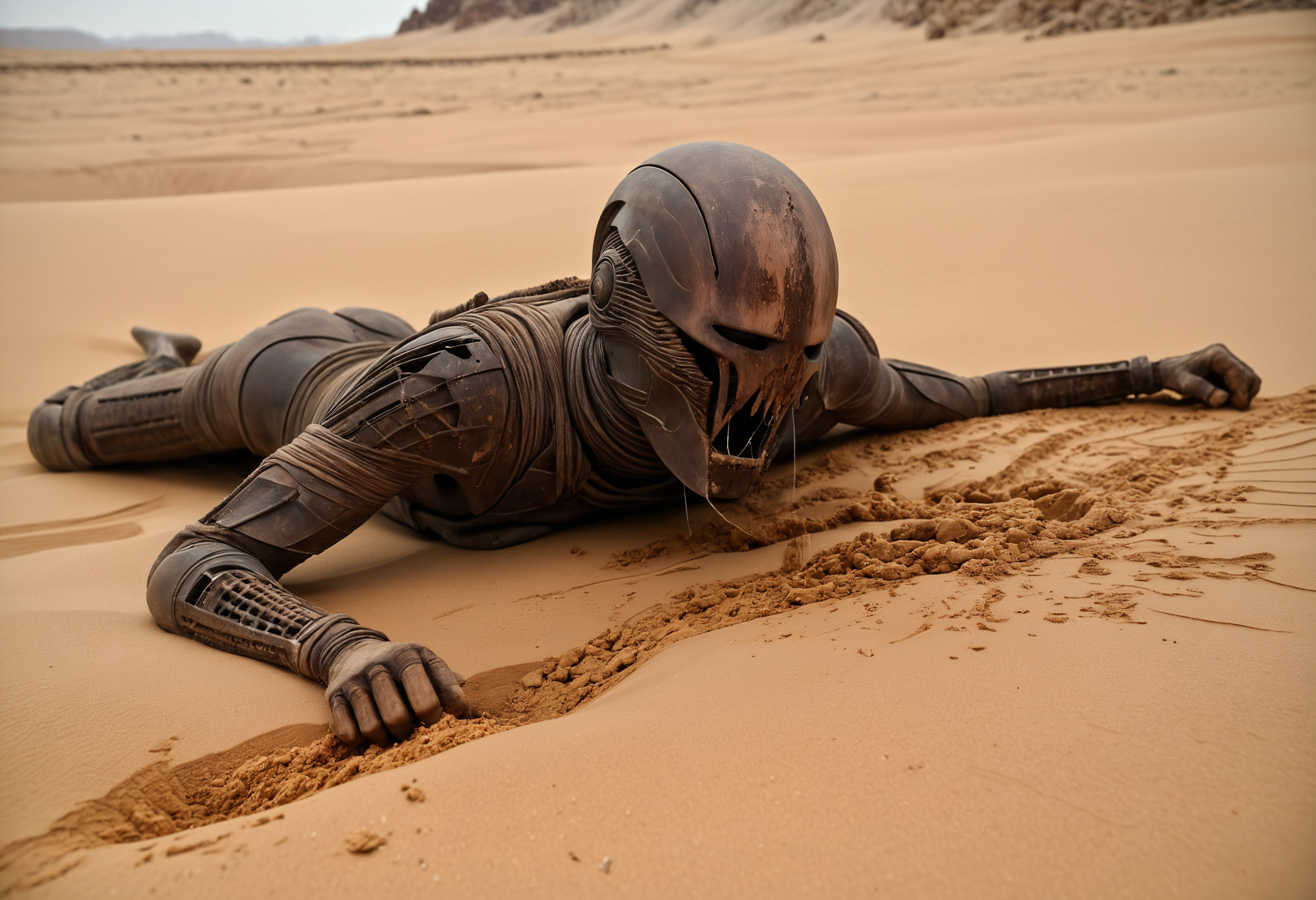 epic, cinematic shot, movie still from Dune movie showing warrior pierced by a spear, impaled, ((emerging from sand, covered in sand, rust, oil, dirt:1.6)) wearing (destroyed armor, arm ripped out, claw scratches:1.3), (missing arm with electrical wires sticking out,  dripping black oil, broken glass helmet lying at his feet:1.2) (missing limbs:1.5) emitting plasma energy rays to the sky and (sucking desert inside creating vortex, sand storm, sink hole:1.3), (warping time and space:1.2), (futuristic technology:1.2), rubble, stone, (shiny metal statues, metal wires, ancient artifacts:1.5), (glass wood and metal elements covered:1.2),  sand, very detailed, wide angle, absurd art,  (cyborg, robot, electronics, plasma:1.1),
<lora:add-detail-xl:0.9>,
<lora:b3ks1n:0.55> b3ks1n,
<lora:JuggerCineXL2:0.8> Film Still, Cinematic, Cinematic Lighting,
<lora:Dune_Movie_Loha2:0.4> Dune, directed by Denis Villeneuve, cinematic, movie, futuristic, sci-fi,
<lora:xl-shanbailing-1003fire:0.5> fire element,