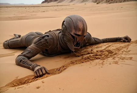 epic, cinematic shot, movie still from Dune movie showing warrior pierced by a spear, impaled, ((emerging from sand, covered in sand, rust, oil, dirt:1.6)) wearing (destroyed armor, arm ripped out, claw scratches:1.3), (missing arm with electrical wires sticking out,  dripping black oil, broken glass helmet lying at his feet:1.2) (missing limbs:1.5) emitting plasma energy rays to the sky and (sucking desert inside creating vortex, sand storm, sink hole:1.3), (warping time and space:1.2), (futuristic technology:1.2), rubble, stone, (shiny metal statues, metal wires, ancient artifacts:1.5), (glass wood and metal elements covered:1.2),  sand, very detailed, wide angle, absurd art,  (cyborg, robot, electronics, plasma:1.1),
<lora:add-detail-xl:0.9>,
<lora:b3ks1n:0.55> b3ks1n,
<lora:JuggerCineXL2:0.8> Film Still, Cinematic, Cinematic Lighting,
<lora:Dune_Movie_Loha2:0.4> Dune, directed by Denis Villeneuve, cinematic, movie, futuristic, sci-fi,
<lora:xl-shanbailing-1003fire:0.5> fire element,