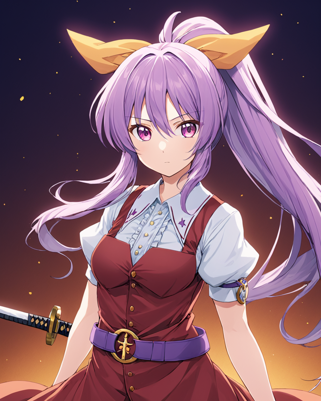 watatsuki no yorihime,1girl, solo, ponytail, hair_bow, belt, hair_ribbon, dress, katana, looking_at_viewer
<lora:watatsuki_no_yorihime_image737_2023-12-20:1>,star-shaped_pupils,symbol-shaped_pupils,. gorgeous,key visual, vibrant, studio anime,award-winning, professional, highly detailed,high budget, cinemascope