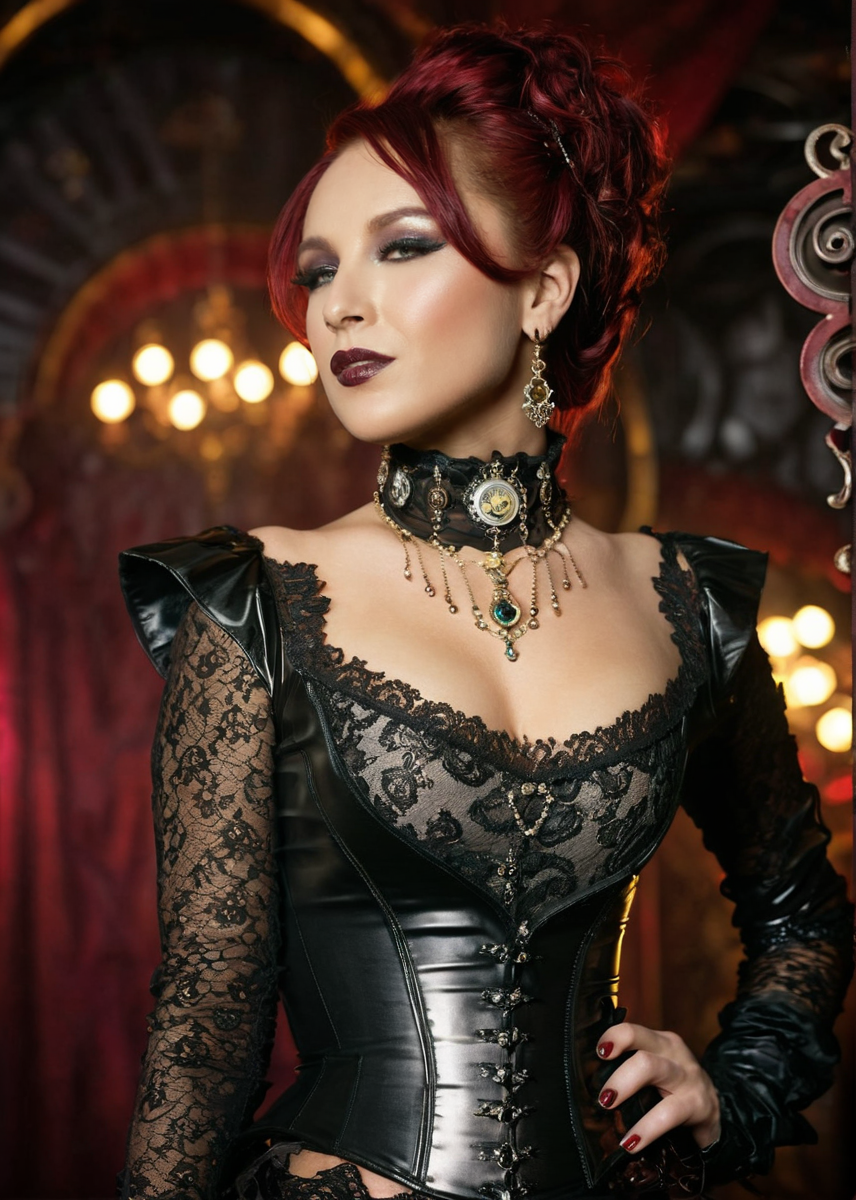 masterpiece, best quality, dark environment, (steampunk:1.5), a woman, (colored latex with lace), turtleneck, (jewelry, earrings, necklace), burlesque, sexy, (((full body))), 8K, extremely detailed, decorated clothing, dragon, bloodwave, dynamic, great lighting, perfect shading, depth of field, soft side light, very detailed glowing background, <lora:MS_DaniWoodward_V1_SDXL:0.8>, <lora:add-detail-xl:0.8>