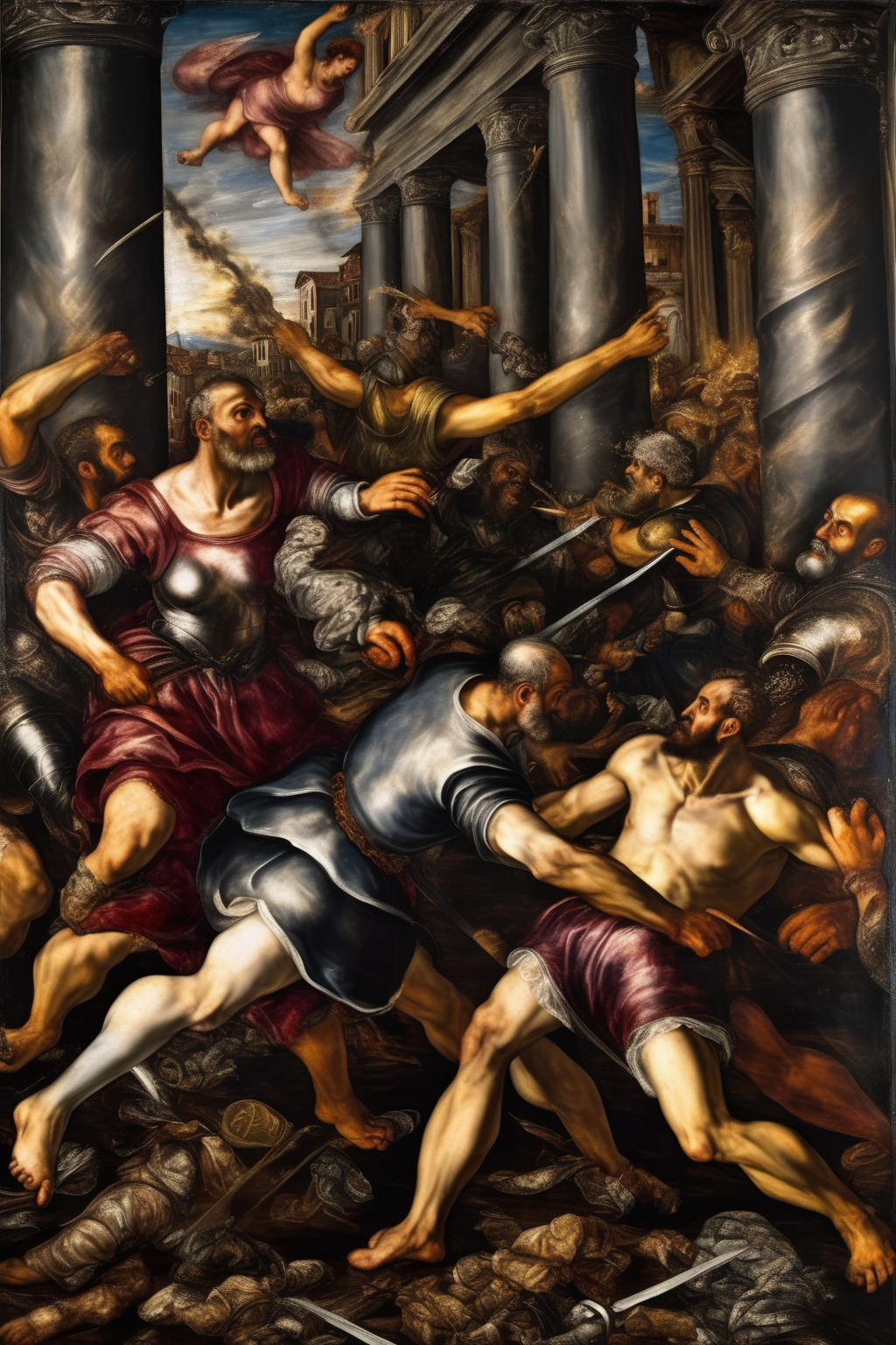 <lora:Tintoretto Style:1>Tintoretto Style - tintoretto painting of the fight between goods and cyborgs