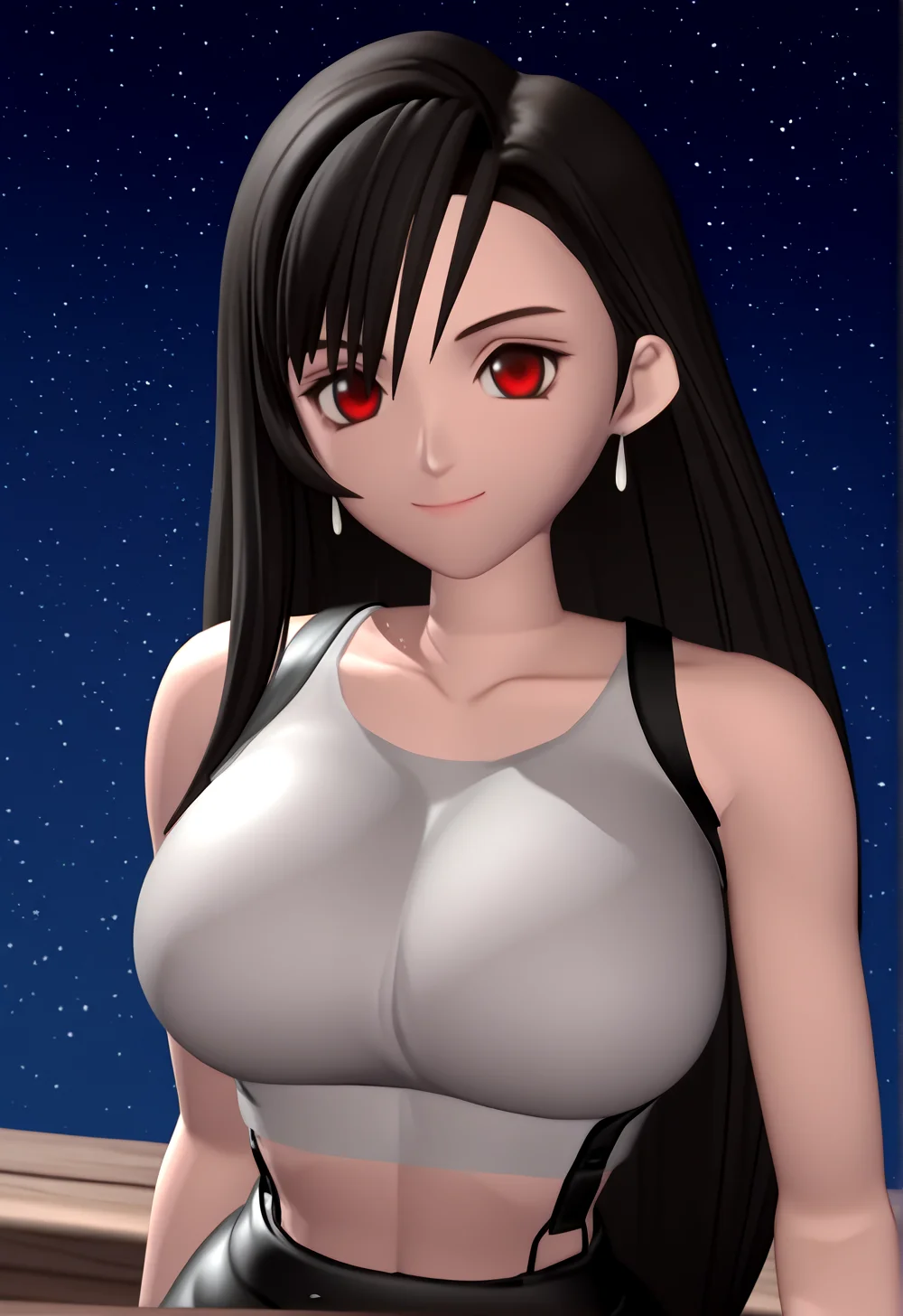 4k, hires, masterpiece, very aesthetic, absurdres, best quality,
TFPS1MV, 3d, black hair, very long hair, red eyes, large breasts, crop top, black skirt, white earrings,
starry sky,
1girl, smile, looking at viewer,