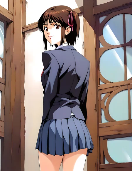 <lora:pony_xl_kayo>,kayo,score_9,score_8_up,score_7_up,source_anime,1girl,school uniform,blazer,long sleeves,collared_shirt,necktie,pleated skirt,cowboy_shot,looking_at_viewer,smile,standing,looking_back,socks,