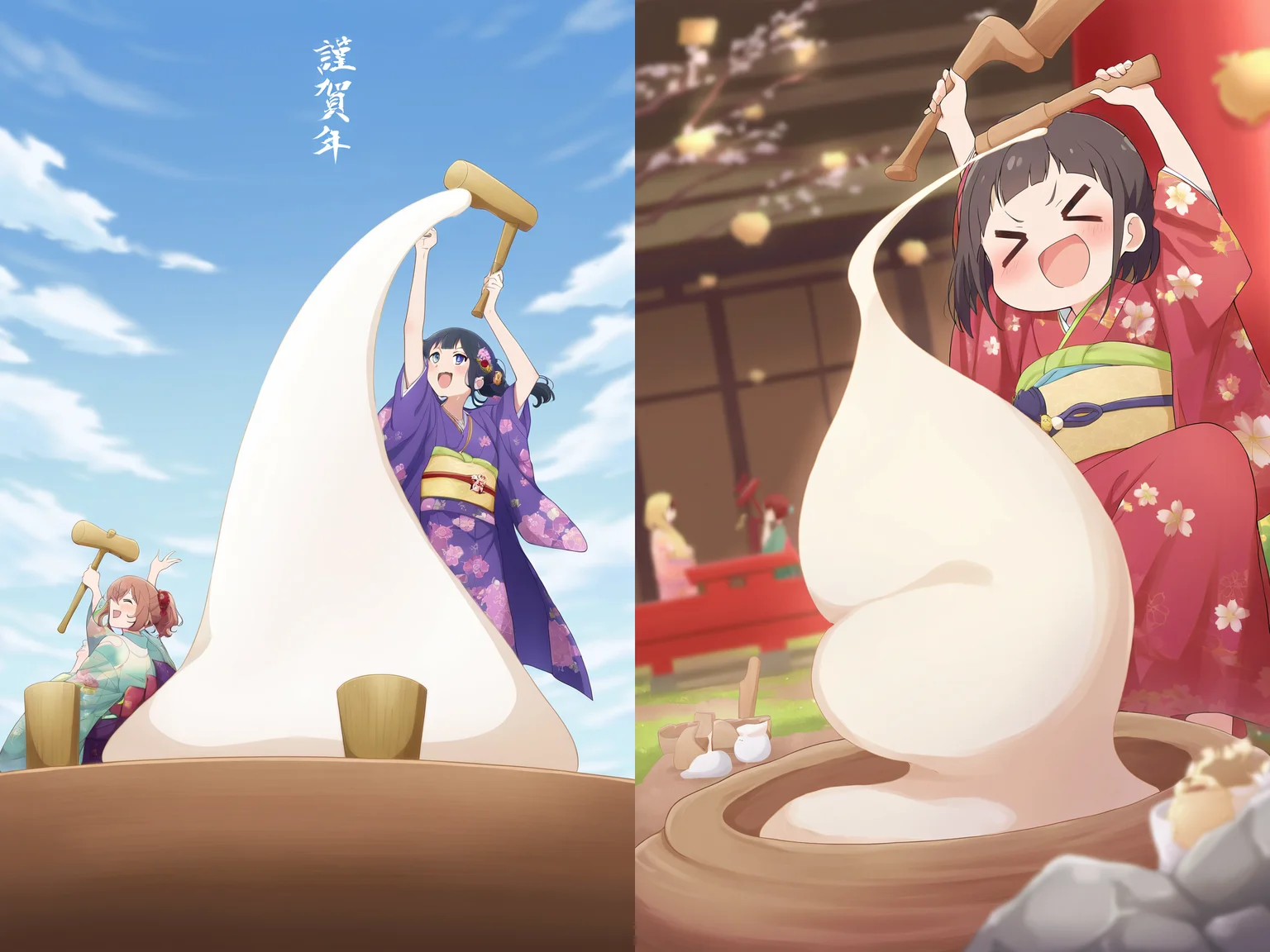 masterpiece, best quality, newest, absurdres, highres,
(official art:0.4),
mochitsuki, mochi, mochi trail, mortar \(bowl\), holding mallet, mallet, holding hammer,
2girls, kimono, happy new year,
<lora:mochi_v1_-000014:1>