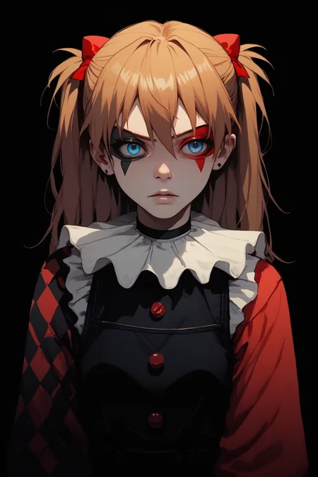 score_9, score_8_up, score_7_up,
<lora:Muff_PDXL-000000:1>, 1girl, split-color hair, half red half black color hair, two colors rhombic makeup, solo,
souryuu asuka langley, 1girl, blue eyes, neck ruff, ruffled collar, two colors argyle sleeve, red sleeve, black romper,
cowboy shot, adult girl, 21 y.o., teen, <lora:Sinozick_Style_XL_Pony:1> sinozick style, dark theme, flat color, black background,