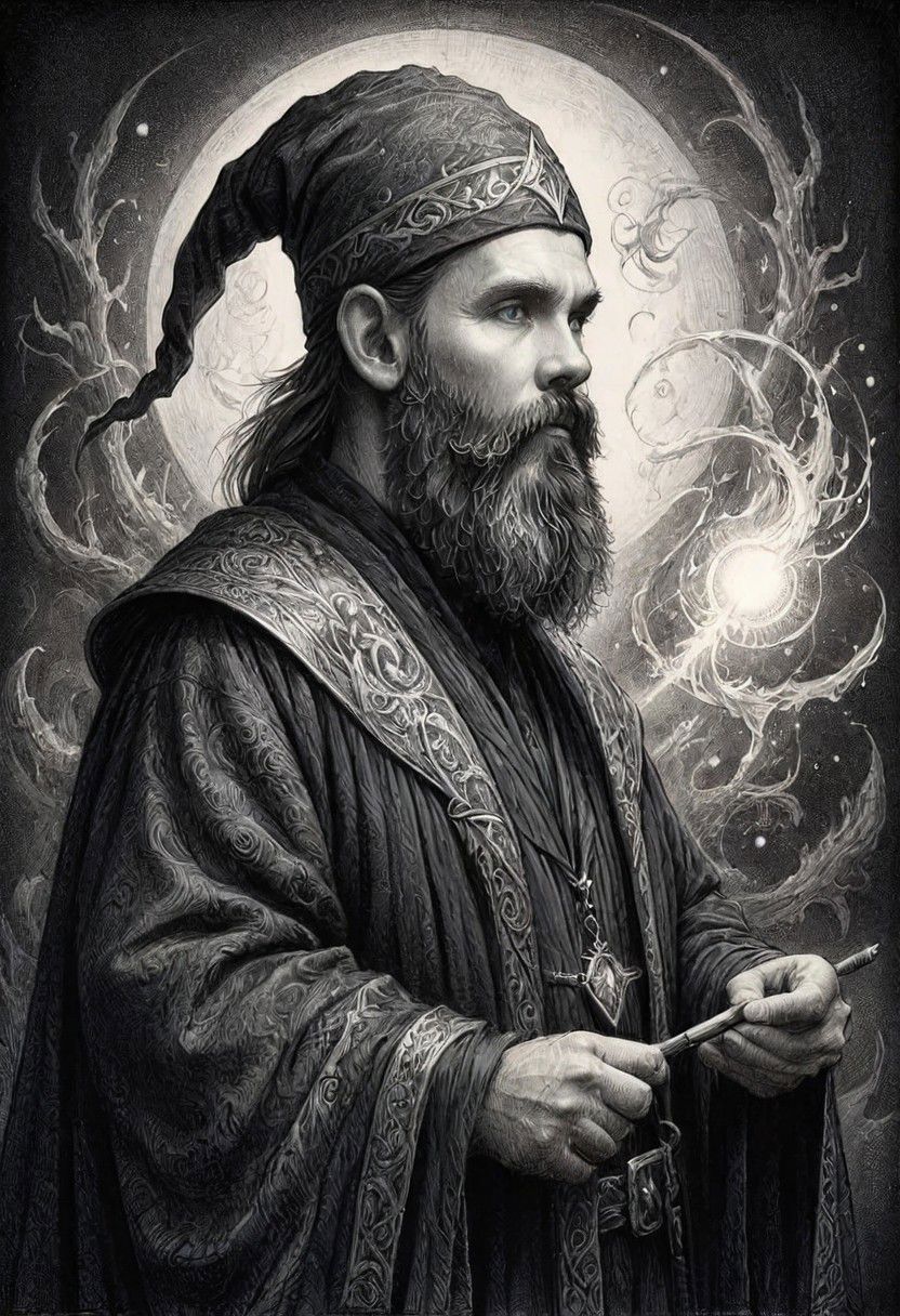 ink art, a black and white drawing of a bearded man wizard, a charcoal drawing by Ed Binkley, cgsociety, fantasy art, charcoal drawing, pencil sketch, detailed painting