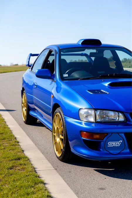 <lora:Subaru_Impreza_WRX_STI_22b:0.8>
A blue Subaru WRX STI 22B in bright sunlight positioned on a clean asphalt curve with trimmed grass and clear skies behind, captured from a low three-quarter front view. The car features red STI badging, gold rally wheels, flared arches, and an oversized wing. Shadows under the chassis enhance stance, while crisp reflections reveal the body's curvature and metallic flake. The photo is rich in color contrast and spatial clarity, presenting a clean motorsport aesthetic with warm environmental tones and ultra-clear detail on pavement textures and panel lines.