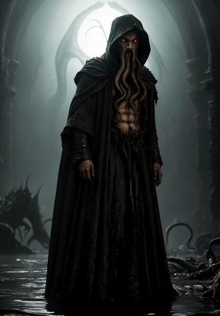 analog, raw, amateur photograph, majestic intricately detailed glamor photograph, (imposing evil cthulhu monster, monstrous eldrich horror, tattered filthy hooded robes, squid face, reflective eyes:1.4), smooth translucent skin, subsurface scattering, detailed (pale sickly wet skin:1.4), tentacle fingers, terrible, in a vast dark destroyed medieval cathedral, crumbling stone work, rubble, (flooded:1.2), regal, hideous, (backlit:1.3), , dynamic angle, professional, soft lighting, smooth, roughness, real life, cinematic film still from (evil dead:0.4)|(cannibal holocaust:0.1)|game of thrones:0.3)|(vikings:0.3)|Scary Stories To Tell In the Dark|doom|the void, dark fantasy style,
