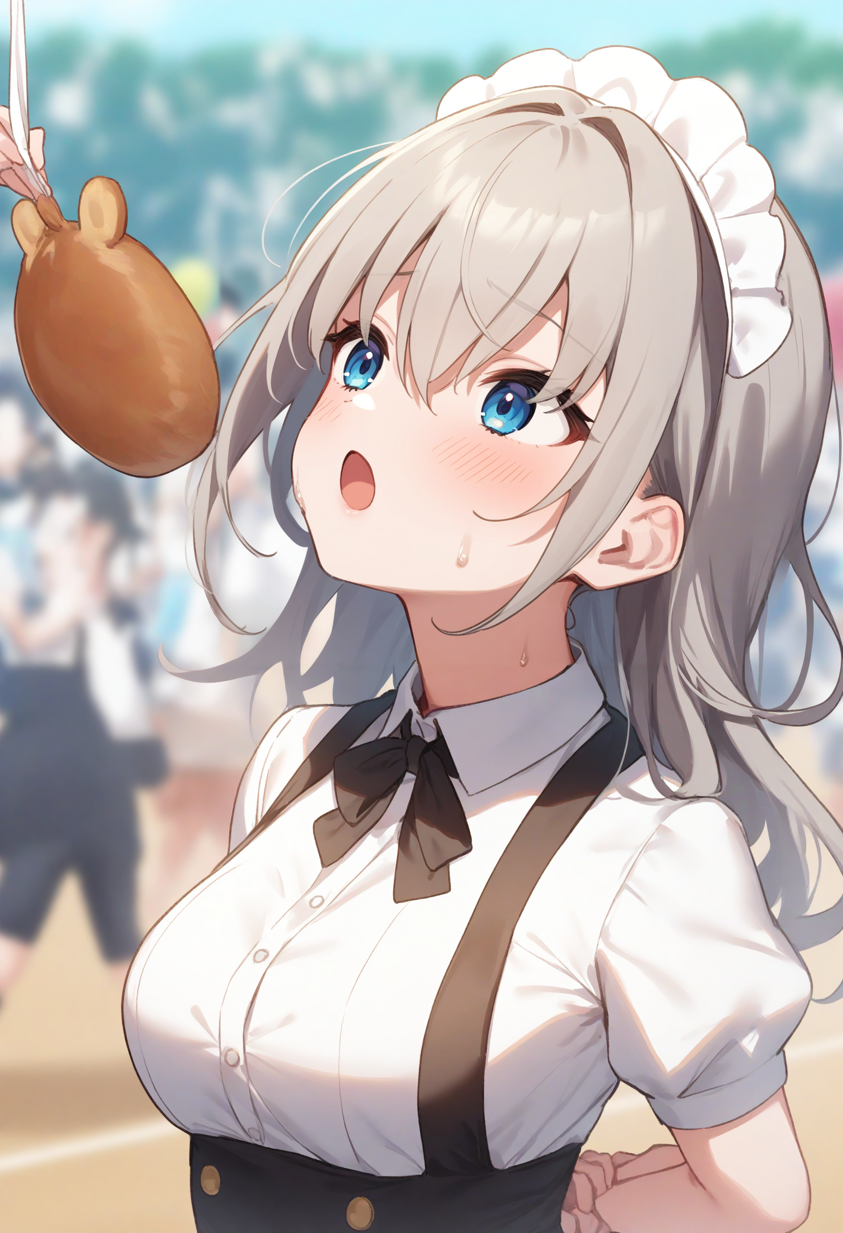 1girl,sincos, ningen mame, toosaka asagi,solo,medium breasts,20yo,maid,maid headdress,
bread eating race,sports festival,bread,arms behind back,<lora:breadeatingrace_XL_v1:0.8>
open mouth, bouncing breasts, plastic bag,
from side, portrait, looking up, silver hair, white eyes,contemptuous, closed mouth, curly hair,,
best quality, very aesthetic, absurdres