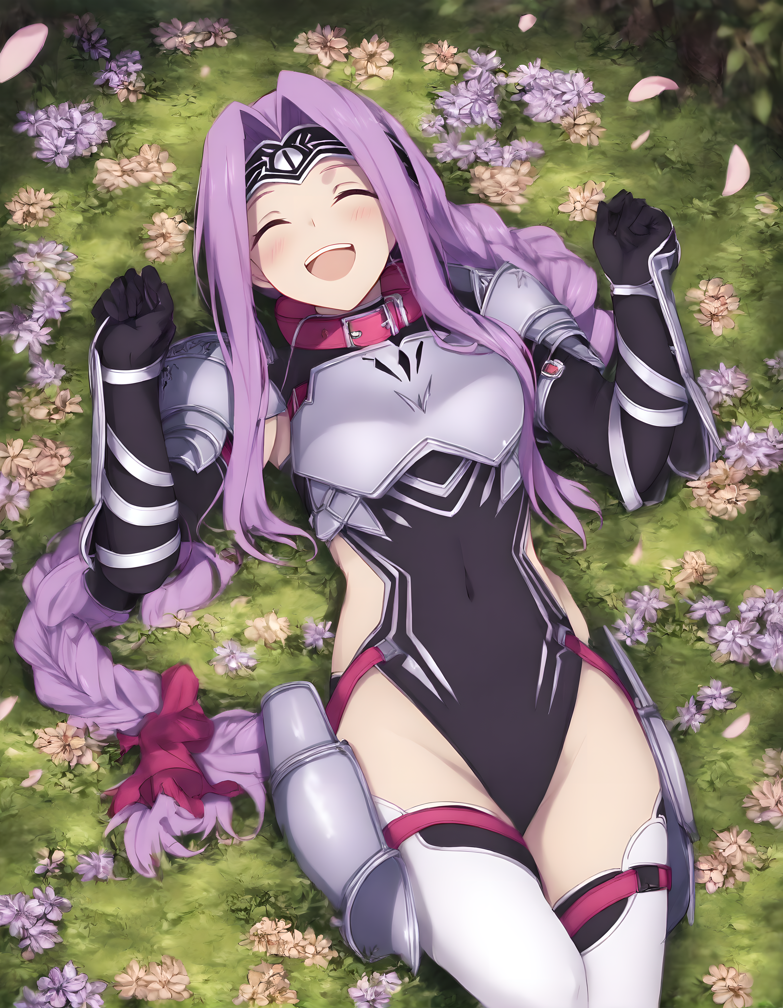 <lora:illustrious_XL_ana:0.9>,ana,masterpiece,best quality,good quality,1girl,solo,looking at viewer,headband,black leotard,armor,collar,covered navel,black gloves,white thighhighs,day,nature,flower field,petals,on back,on_side,cowboy_shot,front view,from_above,looking_at_viewer,smile,laughing,light_blush,closed eyes,