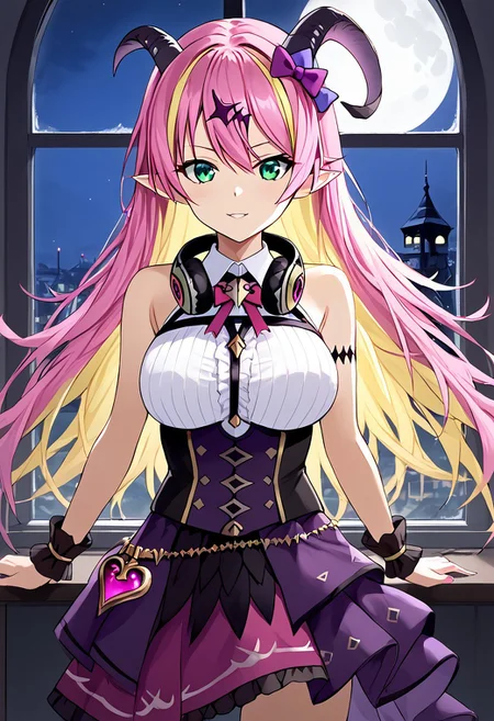 1girl, solo, highres, ManoAloe, long hair, multicolored hair, blonde hair, pink hair, horns, demon horns, two-tone hair, pointy ears, hair ornament, asymmetrical horns, green eyes, bangs, hair between eyes, colored inner hair, horn bow, hair bow, horn ornament,
breasts, bare shoulders, bow, chest harness, sleeveless shirt, wrist cuffs, purple skirt, arm strap, white shirt, headphones, headphones around neck,
indoor, window, night, moon, moonlight, backlighting,
holding microphone,