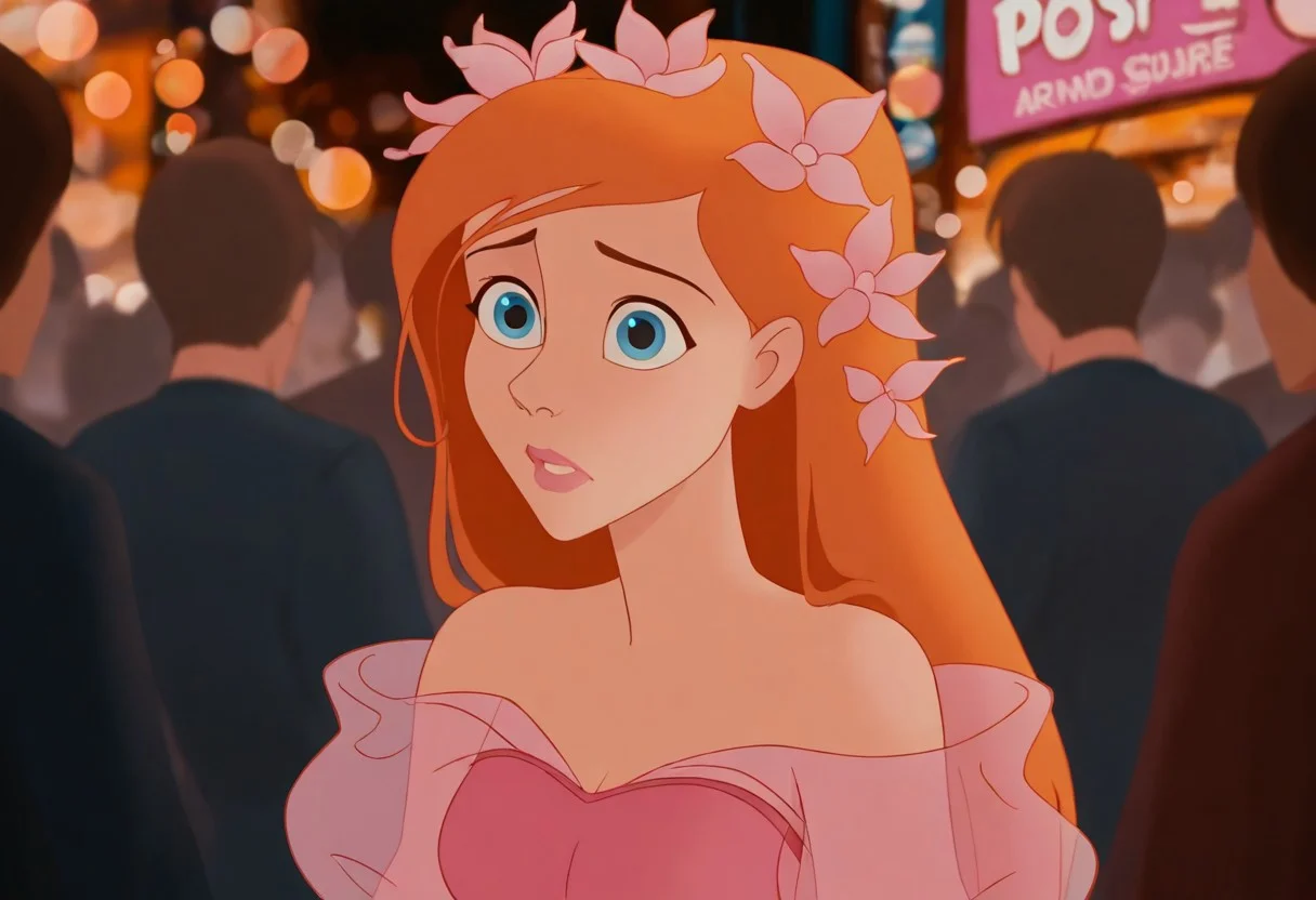 giselle2d in Times Square looking around confused, 1girl, long orange hair, flowers in hair, blue eyes, off-shoulder pink dress, see-through puffy sleeves, depth of field, bokeh, post-processing, animated, crowds of people out of focus