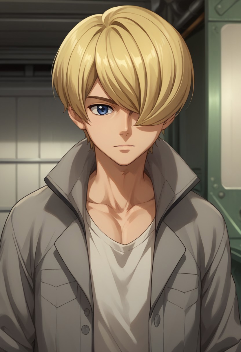 score_9, score_8_up, score_7_up, source_anime, highly detailed, 
yamagi, 1boy, solo, blonde hair, male focus, blue eyes, hair over one eye, gloves, upper body, pants, shirt, grey shirt, open clothes, open shirt, white t-shirt, collarbone
indoor, hangar,