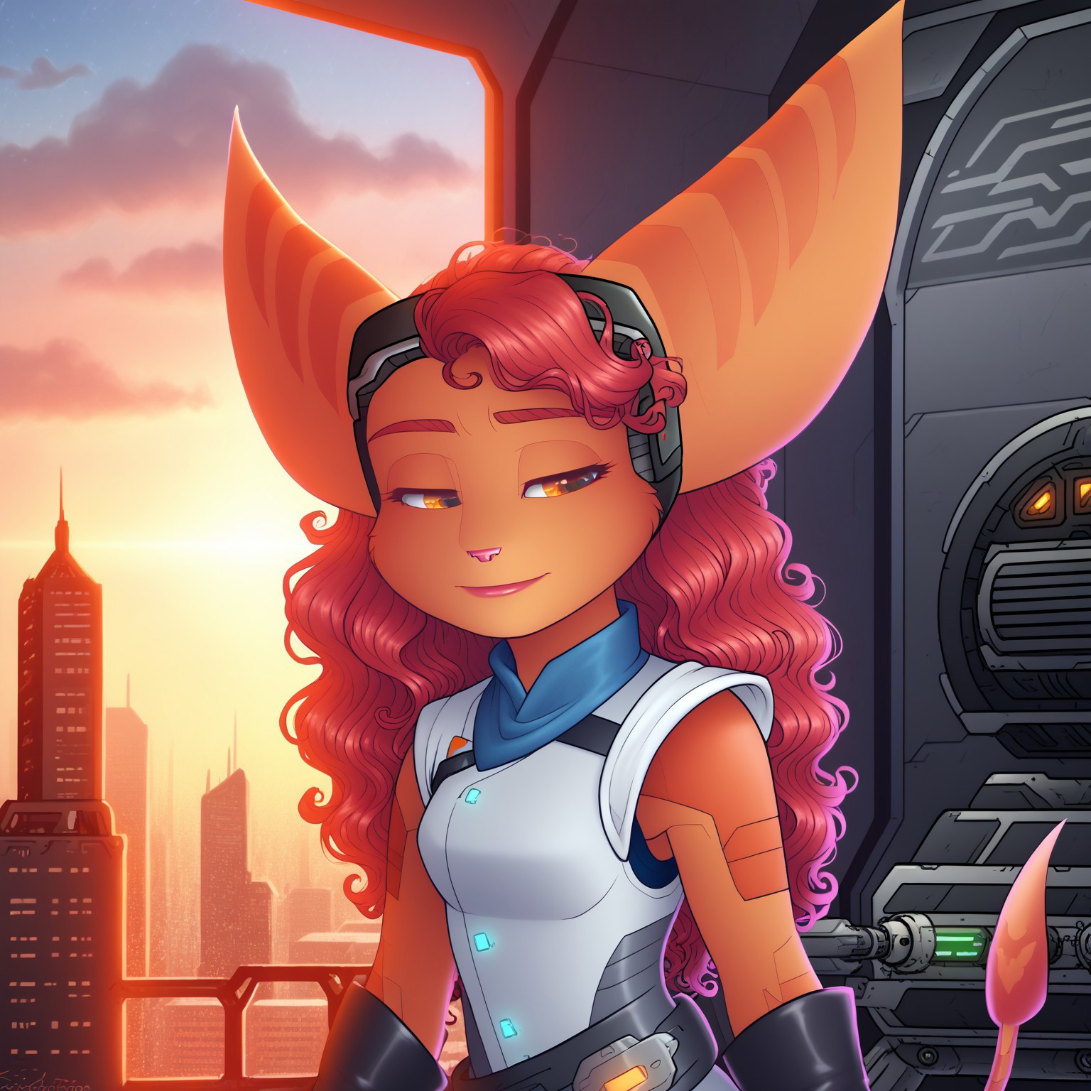 1gril, solo. alone, , long ears, tail,, 1girl,  synth , ( very  curly long hair), trending on ArtStation, cartoon, ,perfect, (, science fiction, building, architecture, imaginative, fur with interesting pattens,,)(oc Lombax), long ears, tail,  animal nose,  upper body,, lab coat, gloves, screen visor, 