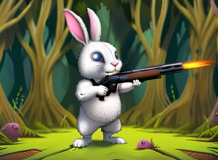 A cute rabbit shoots with a shotgun in the forest <lora:rob_sheridan_drawing_style:1>