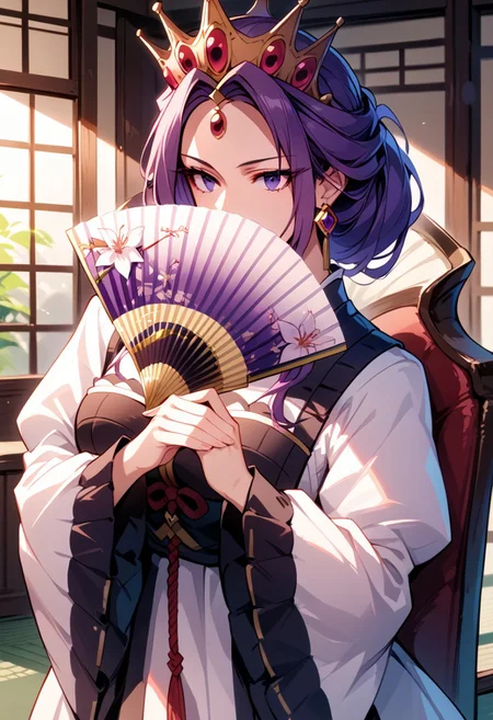 score_9,score_8_up,score_7_up,source_anime, Mirellia Q Melromarc,1girl,solo,dress,holding,jewelry,purple eyes,purple hair,earrings,puffy sleeves,parody,crown,hand fan,covering mouth,folding fan,
