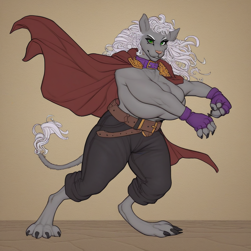 score_9, Fung4ldragon, looking at viewer, detailed, solo, female, 1girl, Musketeer, plume, cape, fingerless gloves, claws, clawed feet, rapier, holding rapier, holding weapon, purple collar, black pants, belt, furry, anthro, poodle girl, animal ears, long hair, white hair, smile, green eyes, grey body, huge breasts, curvy, fighting pose, old village, street