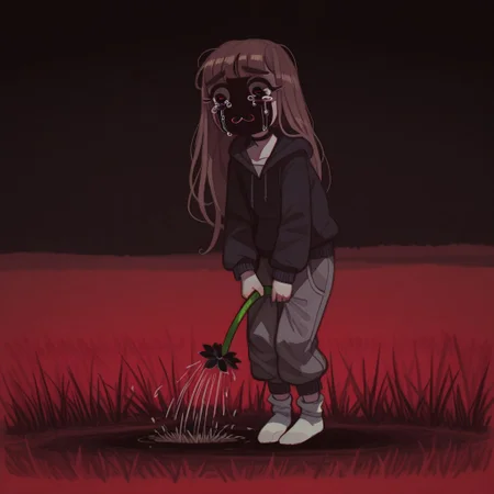 Paula,1girl,Brown hair,mask with :3 symbol,choker,bangs, hoodie,baggy gray pants,white socks,Long hair
Mossastyle
Paula lying on her side in a field of black flowers. Paula is crying, her eyes watering, tears running down her face and falling to the ground, black sky, red sound, red atmosphere, depressing atmosphere, dull, dark colors.
