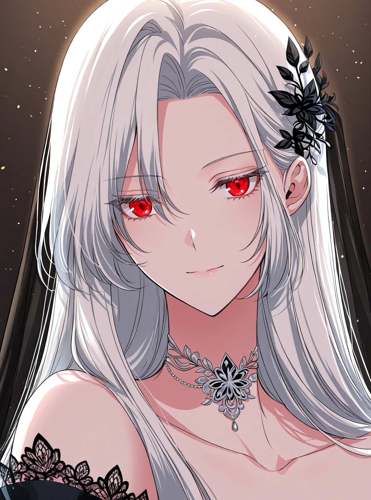 <lora:Raviel_Ivansia__SSS_Class_Suicide_Hunter__Illustrious:1>
1 girl, solo, long hair, white hair, straight hair, red eyes,
black off-shoulder gown, lace embroidered dress, black floral patterns, sheer sleeves, long black gloves, black veil, side hair ornament, silver waistband, gothic jewelry, choker necklace, 
masterpiece, best quality, intricate details, gothic fantasy, upper body portrait, dramatic pose, confident gaze, cinematic lighting, clean background, glowing magical particles, detailed face, vibrant colors