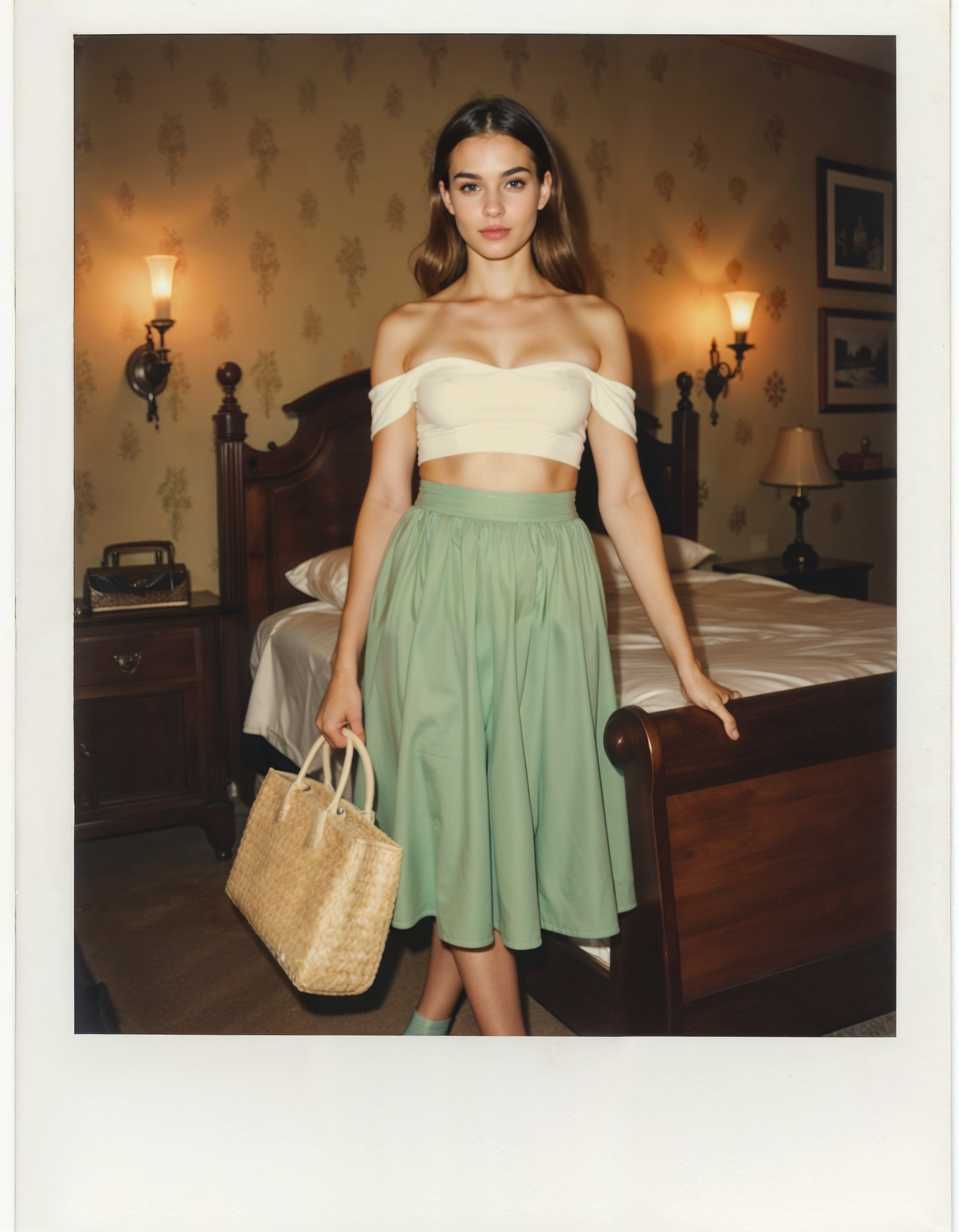 a polaroid photo of a woman wearing Playful mint green high-waisted skirt with a cropped white top and matching wedges, complemented by a woven handbag in a Vintage-inspired boudoir with a rich, dark wood sleigh bed, ornate wallpaper, and soft golden lighting from antique sconces in the style of maripol, 19-years-old, (medium perky breasts, soft body, puffy nipples, conical nipples:1.2)<lora:maripol-flux1-dev-v1-000088.safetensors:1.2> <lora:Petite_body_type_for_FLUX.safetensors:0.5> <lora:FLUX.1-Turbo-Alpha.safetensors:1.0>
