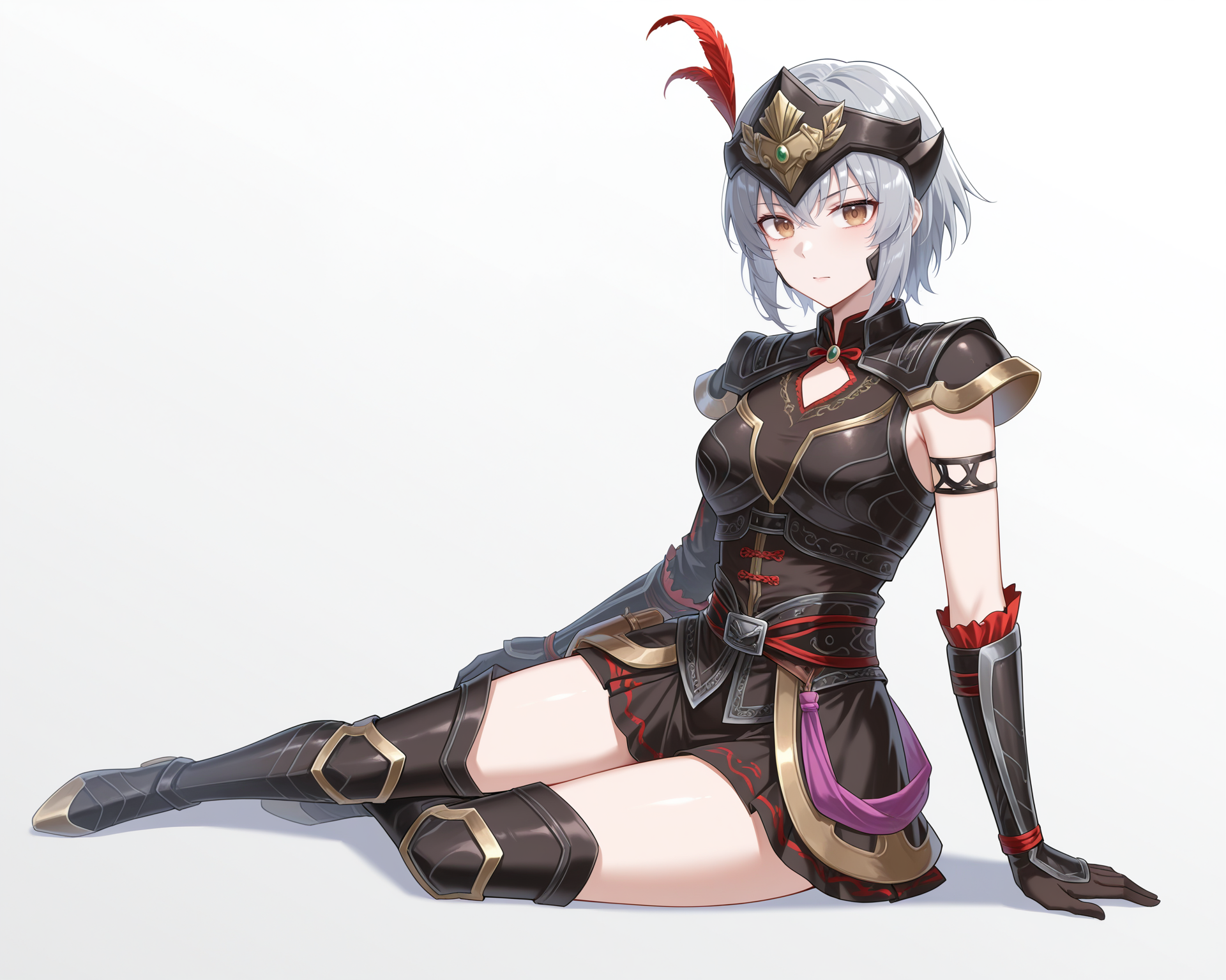masterpiece, best quality, amazing quality, very aesthetic, absurdres, (by e.o.:0.7), (by chiharu \(9654784\):0.4), (by racoon-kun.:0.4),,
<lora:LuLingqiDW8_Illustrious:1>, Lu Lingqi, grey hair, brown eyes, short hair, medium breasts, helmet,  armored dress, shoulder armor,  gloves, black skirt, thigh boots, 
sitting, on floor, white background, simple background, shadow, looking at viewer, from side