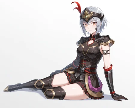 masterpiece, best quality, amazing quality, very aesthetic, absurdres, (by e.o.:0.7), (by chiharu \(9654784\):0.4), (by racoon-kun.:0.4),,
<lora:LuLingqiDW8_Illustrious:1>, Lu Lingqi, grey hair, brown eyes, short hair, medium breasts, helmet, armored dress, shoulder armor, gloves, black skirt, thigh boots,
sitting, on floor, white background, simple background, shadow, looking at viewer, from side