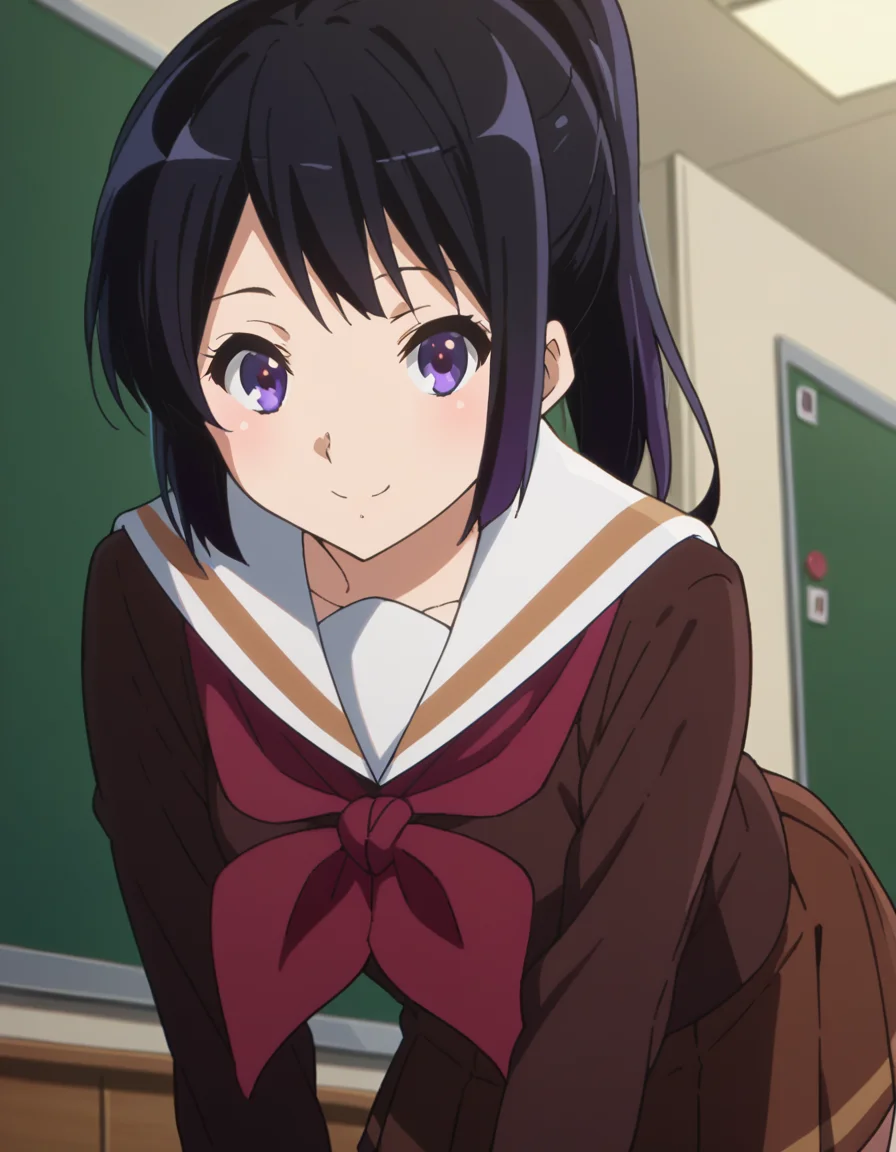 score_9, score_8_up, score_7_up, source_anime,
reinakousaka, <lora:reina-kousaka-ponyxl-lora-nochekaiser:1>,
reina kousaka, long hair, bangs, black hair, purple eyes,
ponytail, skirt, shirt, long sleeves, school uniform, pleated skirt, serafuku, neckerchief, brown skirt, white sailor collar, brown shirt, kitauji high school uniform, red neckerchief,
indoors, classroom, bent over, smile,
looking at viewer, cowboy shot, dutch angle,