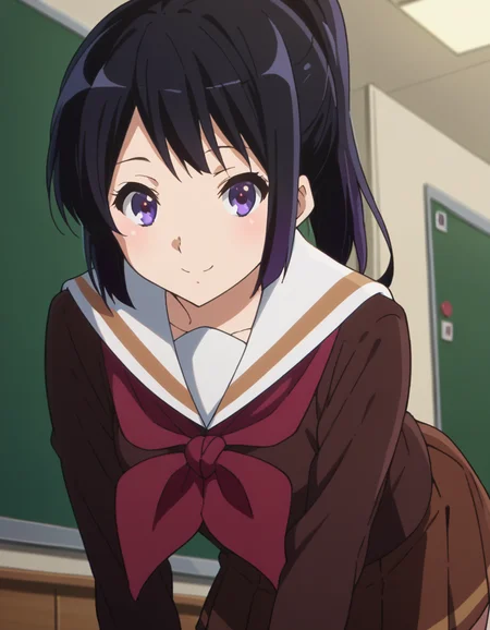 score_9, score_8_up, score_7_up, source_anime,
reinakousaka, <lora:reina-kousaka-ponyxl-lora-nochekaiser:1>,
reina kousaka, long hair, bangs, black hair, purple eyes,
ponytail, skirt, shirt, long sleeves, school uniform, pleated skirt, serafuku, neckerchief, brown skirt, white sailor collar, brown shirt, kitauji high school uniform, red neckerchief,
indoors, classroom, bent over, smile,
looking at viewer, cowboy shot, dutch angle,