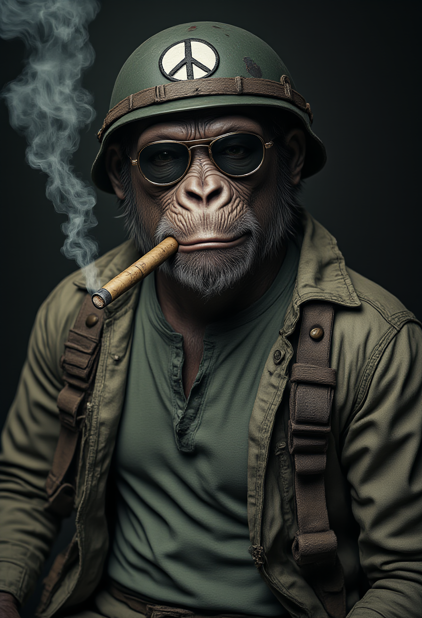 Highly detailed, cinematic photography of a grumpy anthropomorphic chimpanzee as a US Marine. Wearing a battered khaki T-shirt, disheveled military jacket, and a helmet adorned with a "pacific" peace symbol. He has Ray-Ban sunglasses and a thick Cuban cigar stub in his mouth. Upper body close-up, emphasizing his rugged and untidy appearance. Background is blurred to focus on the chimpanzee's detailed military persona, textured fur, and worn-out attire. Studio-quality lighting highlights his somber expression and scruffy attire. A distinctly brutal hippie style from the 60's and 70's. <lora:Anthropomorphic:1>, aidmaMJ6.1 <lora:aidmaMJ6.1v0.4:0.6>, hyp3rd3tail style <lora:hyper-detail-illustration:0.5>, in the style of Jed-clrfl <lora:flux-colourful:0.5>