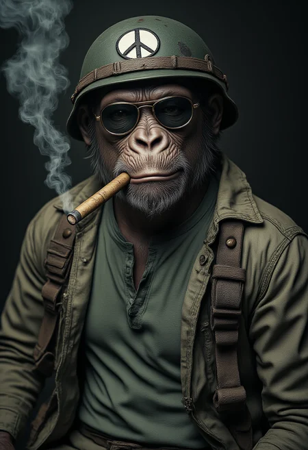 Highly detailed, cinematic photography of a grumpy anthropomorphic chimpanzee as a US Marine. Wearing a battered khaki T-shirt, disheveled military jacket, and a helmet adorned with a "pacific" peace symbol. He has Ray-Ban sunglasses and a thick Cuban cigar stub in his mouth. Upper body close-up, emphasizing his rugged and untidy appearance. Background is blurred to focus on the chimpanzee's detailed military persona, textured fur, and worn-out attire. Studio-quality lighting highlights his somber expression and scruffy attire. A distinctly brutal hippie style from the 60's and 70's. <lora:Anthropomorphic:1>, aidmaMJ6.1 <lora:aidmaMJ6.1v0.4:0.6>, hyp3rd3tail style <lora:hyper-detail-illustration:0.5>, in the style of Jed-clrfl <lora:flux-colourful:0.5>