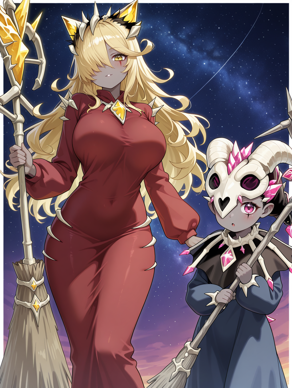 demon girl,smile,looking at viewer,2girls,large breasts,standing,:o,hair over one eye,mementotlan angwitch,grey skin,broom,holding broom,facial mark,red robe,mementotlan mace,animal skull mask,one eye covered,blue dress,holding staff,staff,black capelet,white border,starry sky,
masterpiece,best quality,amazing quality,very aesthetic,absurdres,newest,<lora:Mementotlan Angwitch & Mace illusXL v1.1:0.75>,