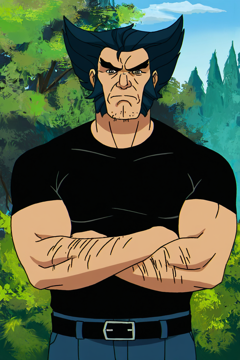 masterpiece, best quality, highres, newest, anime coloring, logan, 1boy, solo, male focus, mature male, short hair, dark blue hair, grey eyes, thick eyebrows, facial hair, stubble, cleft chin, long sideburns, mutton chops, wrinkled skin, manly, muscular male, black shirt, t-shirt, short sleeves, arm hair, blue pants, jeans, black belt, belt buckle, frown, serious, crossed arms, looking at viewer, facing viewer, standing, cowboy shot, outdoors, nature, bush, tree <lora:Logan - X-Men 97 - v1.0 [LoRA] - NoobAI-XL EPS 1.0:0.8>