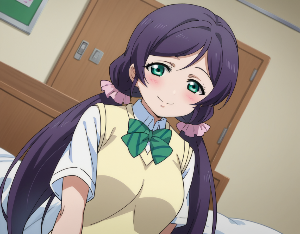 score_9, score_8_up, score_7_up, source_anime,
nozomitoujou, <lora:nozomi-toujou-ponyxl-lora-nochekaiser:1>
nozomi toujou, green eyes, purple hair, twintails, low twintails, scrunchie, long hair, smile,
otonokizaka school uniform, pleated skirt, school uniform, short sleeves, skirt, summer uniform, sweater vest, yellow sweater vest,
indoors, bed, bed room, on side, blush, drunk,
looking at viewer, cowboy shot, dutch angle,