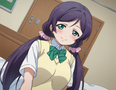 score_9, score_8_up, score_7_up, source_anime,
nozomitoujou, <lora:nozomi-toujou-ponyxl-lora-nochekaiser:1>
nozomi toujou, green eyes, purple hair, twintails, low twintails, scrunchie, long hair, smile,
otonokizaka school uniform, pleated skirt, school uniform, short sleeves, skirt, summer uniform, sweater vest, yellow sweater vest,
indoors, bed, bed room, on side, blush, drunk,
looking at viewer, cowboy shot, dutch angle,