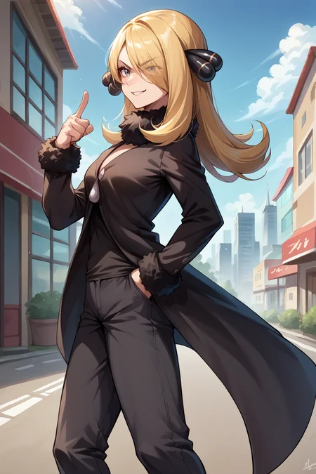 score_9, score_8_up, score_7_up, score_6_up, source_anime BREAK 1girl <lora:pkmncynthia-pdxl-nvwls-v1-000006:1> defCyn, hair over one eye, hair ornament, fur collar, black gown, long sleeves, black pants, (big breasts:0.6), from side, pointing, serious, smirk, blue sky, city