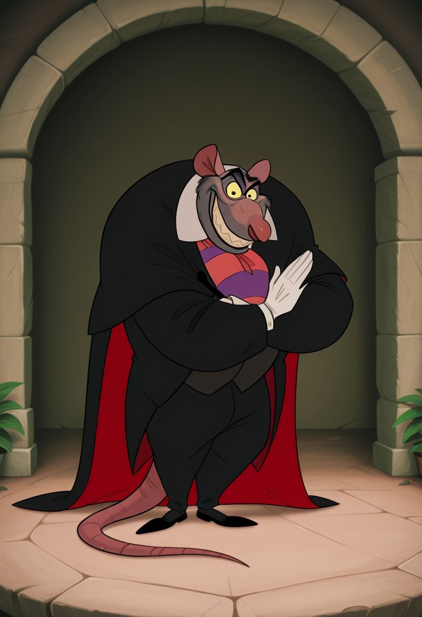 core_9, score_8_up, score_7_up, score_6_up, score_5_up, score_4_up, detailed background, detailed face, 1boy, solo, disney style, cape, sharp teeth, bara, cartoon, wide body, purple and red striped tie, pink rat nose, black jacket, blue circles around eyes, yellow whites of eyes, styled hair, professor ratigan, short legs, furry, sly smile, disney style, black pants, male, rat tail, rat, large body