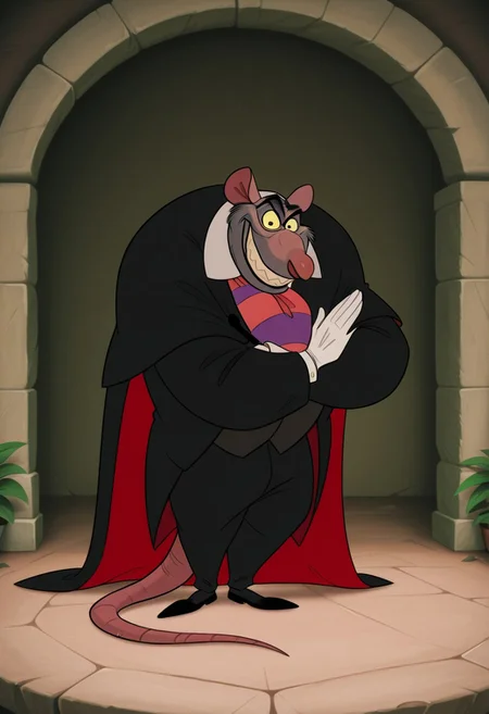 core_9, score_8_up, score_7_up, score_6_up, score_5_up, score_4_up, detailed background, detailed face, 1boy, solo, disney style, cape, sharp teeth, bara, cartoon, wide body, purple and red striped tie, pink rat nose, black jacket, blue circles around eyes, yellow whites of eyes, styled hair, professor ratigan, short legs, furry, sly smile, disney style, black pants, male, rat tail, rat, large body