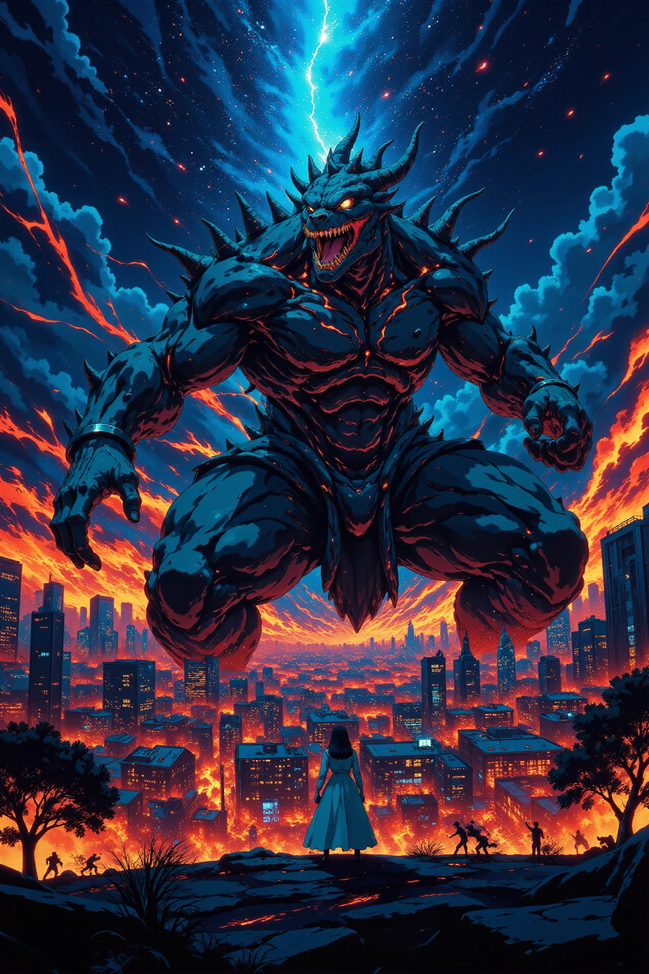 godzillla destruying a city beautiful  anime landscape, bright luminous starry night, woman, very intricate, very detailed, sharp, bright, colorful, <lora:Hand v2:0.5> <lora:Anti-Blur:1><lora:Insane Detail Slider:0.25>  <lora:flux.1_lora_flyway_Epic-detail_v2:0.3> <lora:fluxenhancer:0.25> <lora:ROWER:0.6> <lora:flux-charmer-v1-1:0.4>>  <lora:Anime_style:1> anime style