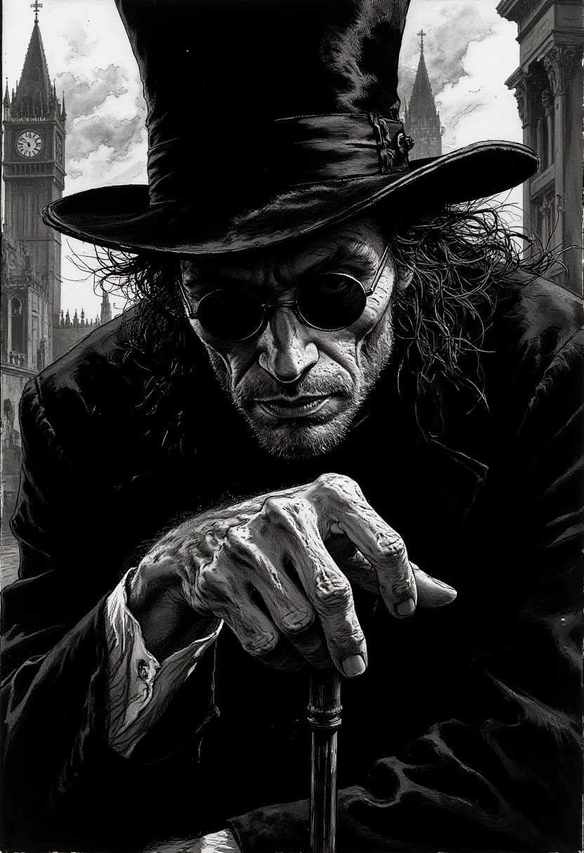 Picture of an old man with a grim thin face. He is wearing black suit and top hat, hand resting on cane. He has roundish shades, hiding his eyes. His face is thin, stern. He feels like imposing Victorian era gentleman.  B&W 
Madness emits from his face.
