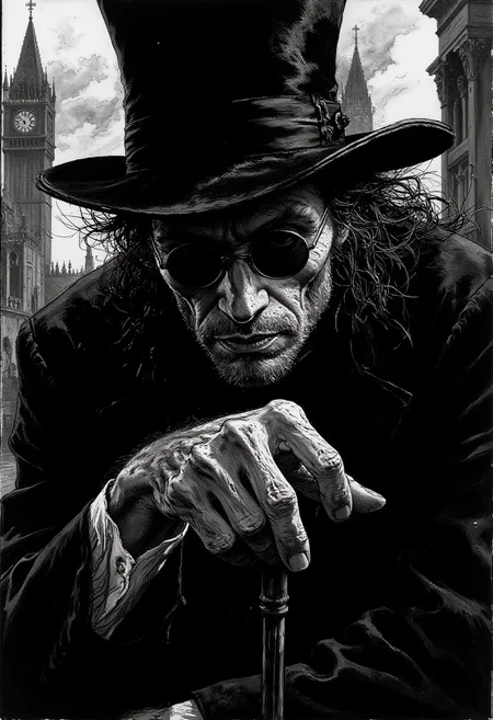 Picture of an old man with a grim thin face. He is wearing black suit and top hat, hand resting on cane. He has roundish shades, hiding his eyes. His face is thin, stern. He feels like imposing Victorian era gentleman. B&W
Madness emits from his face.