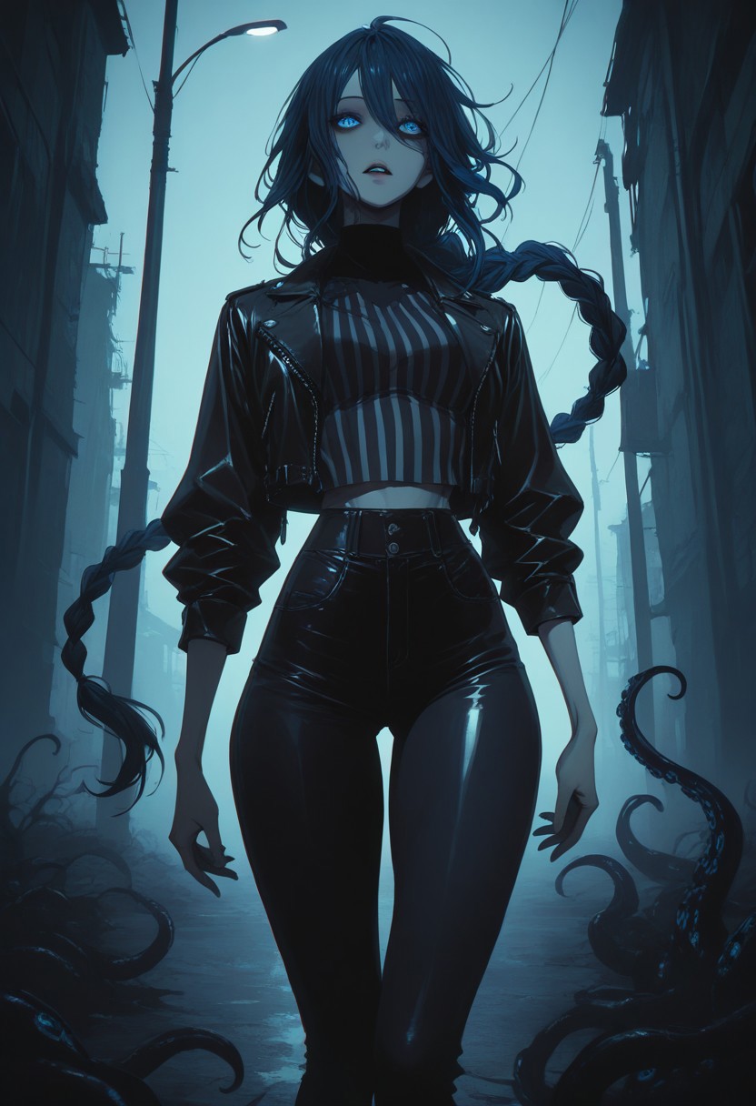 LDSCH Style, aesthetic, , p1n04rtstyl3,pinoartstyle,pino art style, LeIsT0_illu, masterpiece, best quality, masterpiece \\\\(quality\\\\), depth of field, cinematic, shadow, chromatic aberration, 
1woman, solo, dark blue hair, ((hair in long single braid)), (((very long braid))), blue eyes, pale skin, parted lips, ((slim body)), fit slim, (small breasts), dynamic angle, portrait, thick thighs, skinny body, narrow waist
Wearing leather jacket, (((striped crop top))), wearing skinny jeans, tight jeans, wearing black converse sneakers
Walking down a dark ally, very heavy fog, misty Street, Street lamp, dark humanoid silhouettes in the fog, Erie feeling, horror theme
fflix-shadows, Shadow humans in the fog, tentacle people in the fog, Shadow tentacles, CR33P1NGF0G, fog, fog, dark, night, haze, eldritch_abomination, horror_(theme)