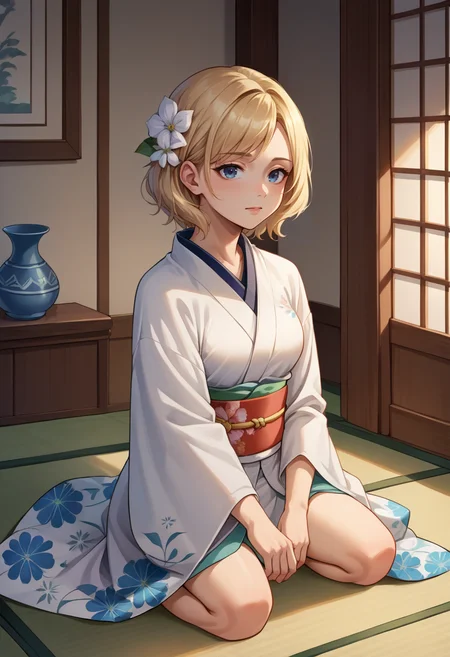 score_9, score_8_up, source_anime, 1girl, solo, Ashelia, medium hair, blonde hair, blue eyes, indoors, kimono, hair flower, floral print, wariza, kneeling, <lora:CHAR-AsheliaPonyXL:1>