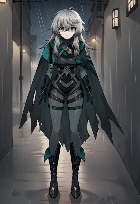 score_9, score_8_up, score_7_up, score_6_up, source_anime, BREAK full body, wide shot, outdoors, alley, rain, night, fog, 1girl, <lora:KatjaPDXL-v2-17:1> katja, long hair, grey hair, aqua eyes, hair between eyes, ahoge, bodysuit, cape, gloves, large breasts, boots, standing, arms at sides, looking at viewer,