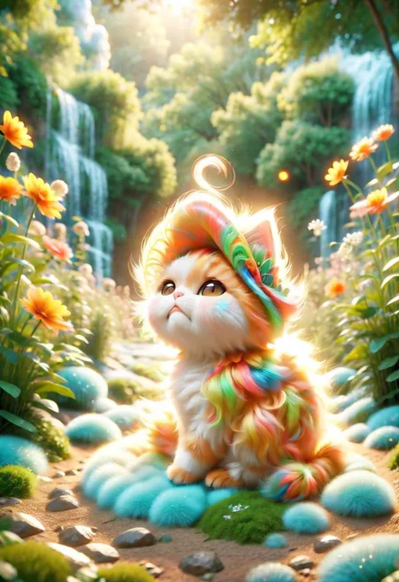 ral-fluff,<lora:ral-fluff:1>,
chibi,masterpiece,best quality,original,official art,cat, hat,flower,blurred background,rendering,beautiful detailed glow,(detailed ice),beautiful detailed sun,sunny, blurred flower, happy