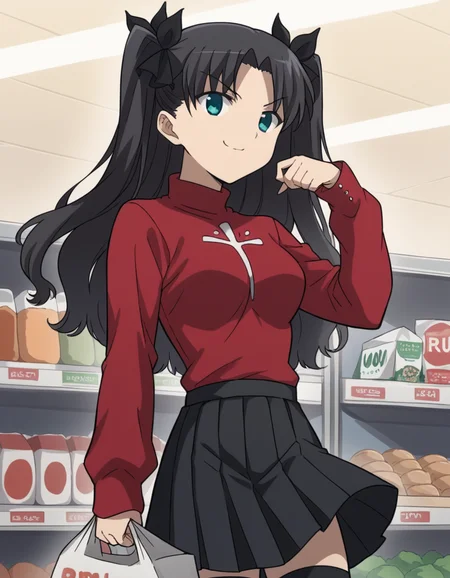 score_9, score_8_up, score_7_up, source_anime, <lora:carnivalphantasm-rin-tohsaka-ova-ponyxl-lora-nochekaiser:1>, rin tohsaka, aqua eyes, black hair, hair ribbon, long hair, ribbon, sidelocks, two side up, parted bangs, medium breasts,, black skirt, black thighhighs, long sleeves, miniskirt, pleated skirt, red sweater, skirt, sweater, thighhighs, turtleneck,, grocery store, cashier, shopping bag, scanning items, small talk, everyday routine, , , smug, solo,, dutch angle, cowboy shot