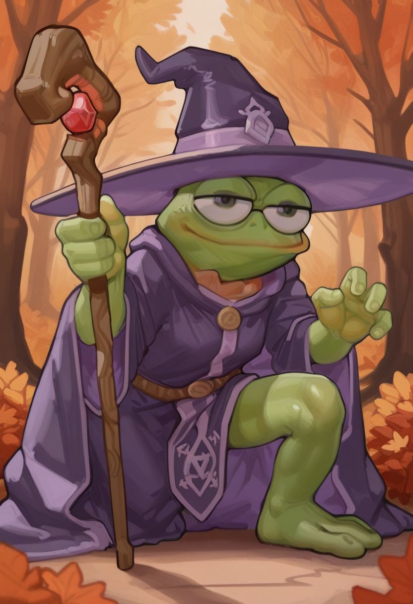 54k45t3style, masterpiece  best quality,  solo, pepe the frog,  autumn tree background, battle pose,   (detailed body), big eyes, shiny skin, green skin, wizard hat, wizard outfit, holding magical wizard staff,