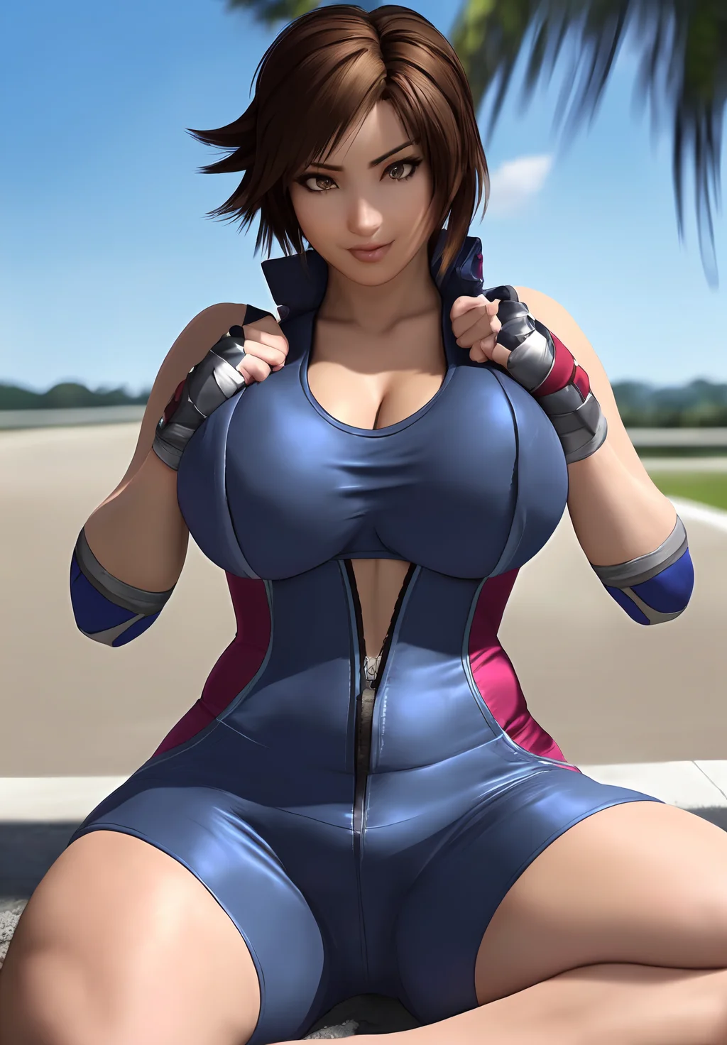 (Photo:1.3), highdetail, <lora:kazama_asuka:0.8>, kazama_asuka, 1girl, solo, sitting, smirk, jumpsuit, blue sports bra, fingerless gloves,, Dark red, gray, and black colors, vibrant colors, (summer, sunny weather:1.3), medium intensity lighting, (Soft focus:1.3), (acclaimed, alluring, captivating, exciting, gorgeous, striking:1.3), (ultra realistic, sharp focus:1.3)