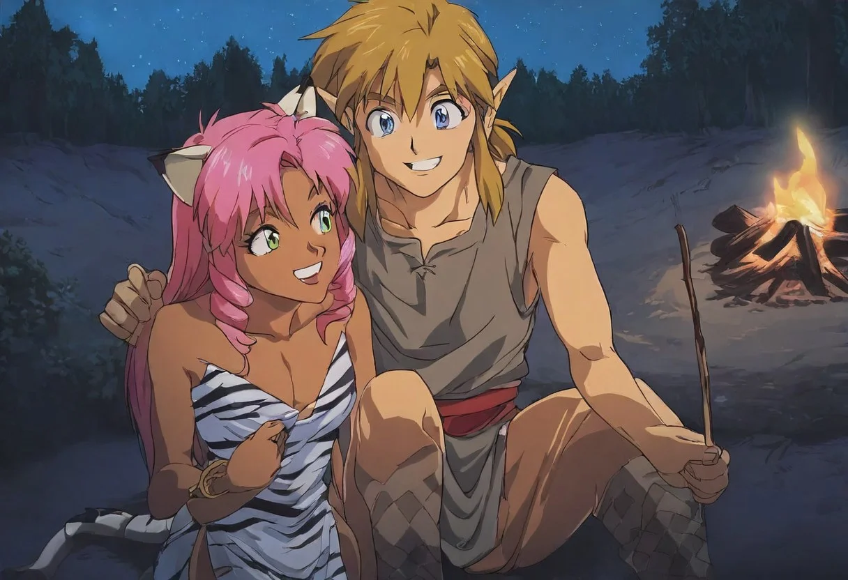Pink_DragonPink, 1girl, sleeveless dress, white tiger print dress, pelvic curtain, cleavage, white tiger tail, red sash, small breasts, leather shoes, masterpiece, very aesthetic, smiling wide, showing teeth, <lora:pink-illustrious:1>,
Break
1boy,Anime screencap,link (zelda),blonde hair,blue eyes,pointy ears, low ponytail, sidelocks, wearing blue hyilian tunic, happily smiling
Break
Lost woods at night, sitting on tree stumps, forest campsite, night, moon out, stars in sky, campfire, pink and link touching, cuddling, hugging, roasting marshmallows on sticks