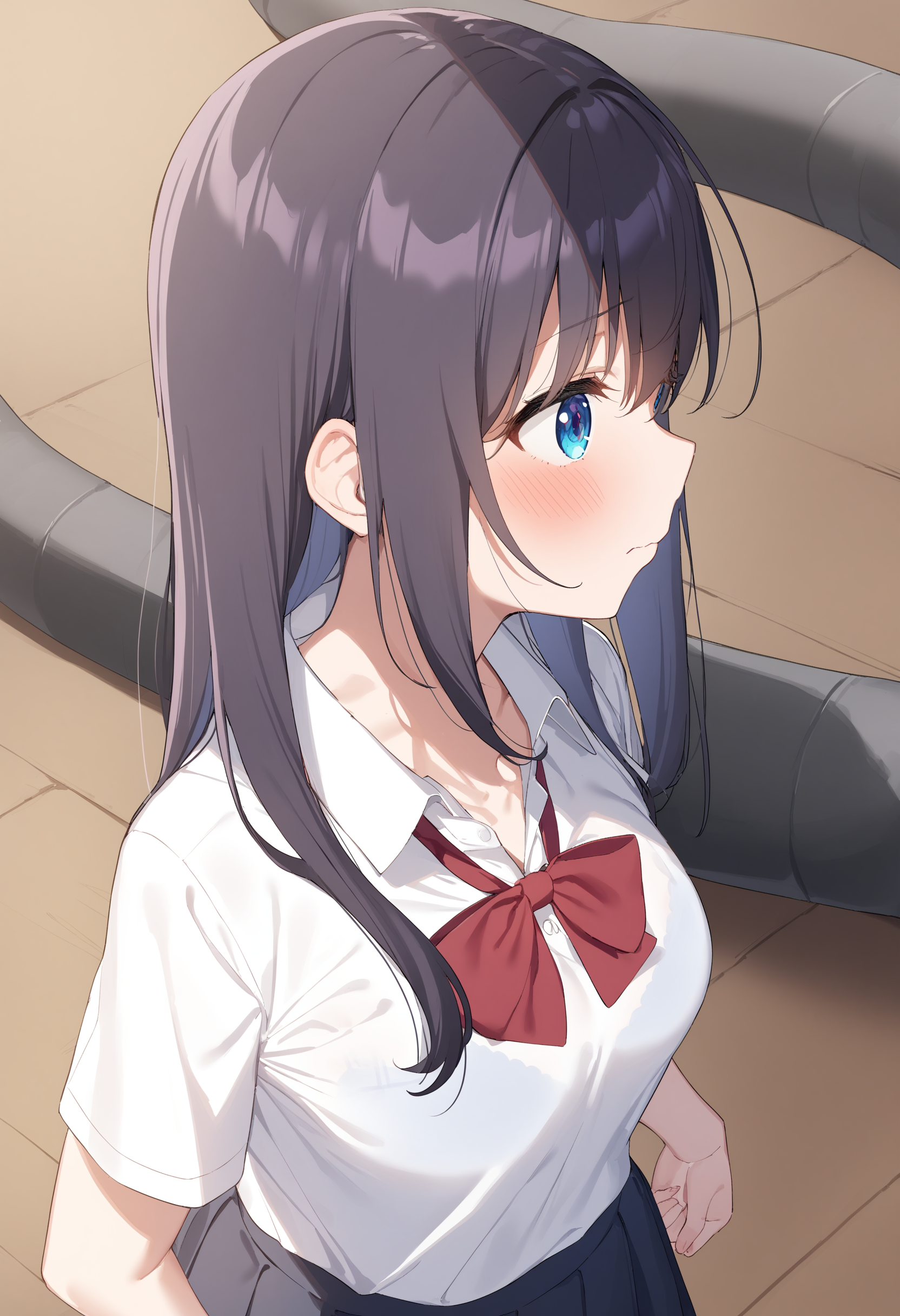 1girl,sincos, ningen mame, toosaka asagi,solo,medium breasts,school uniform,
bra visible through clothes,<lora:bravisiblethroughclothes_XL_v1:0.8>
from above, upper body, looking away, purple hair, blue eyes,full face blush, aqueduct, closed mouth, shiny hair,,
best quality, very aesthetic, absurdres